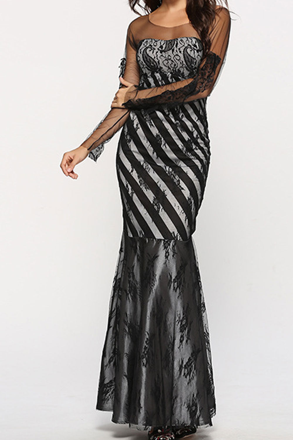 Women Sheered Neck Long Mermaid Maxi Dress