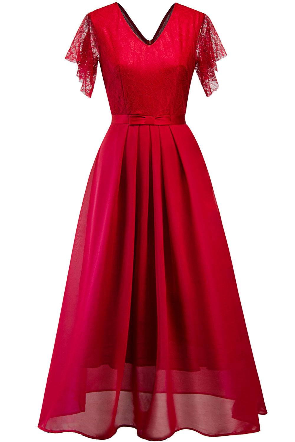 Women Flutter Sleeve V-Neck Pleated Party Dress