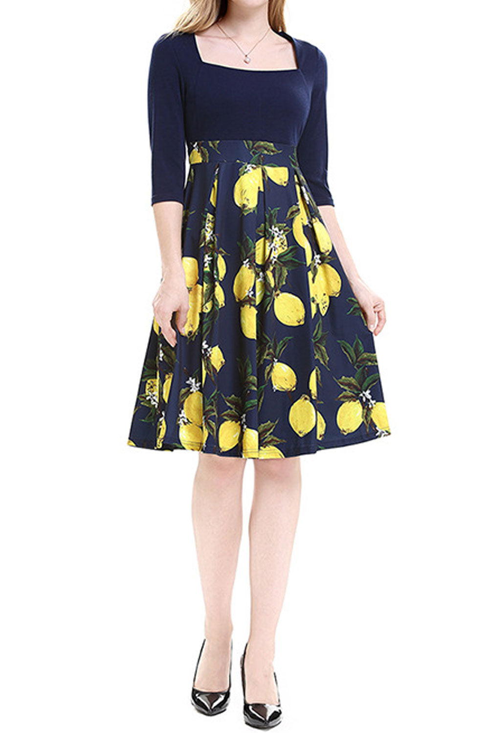 Women Square Neck Solid Top Floral Skirt Dress