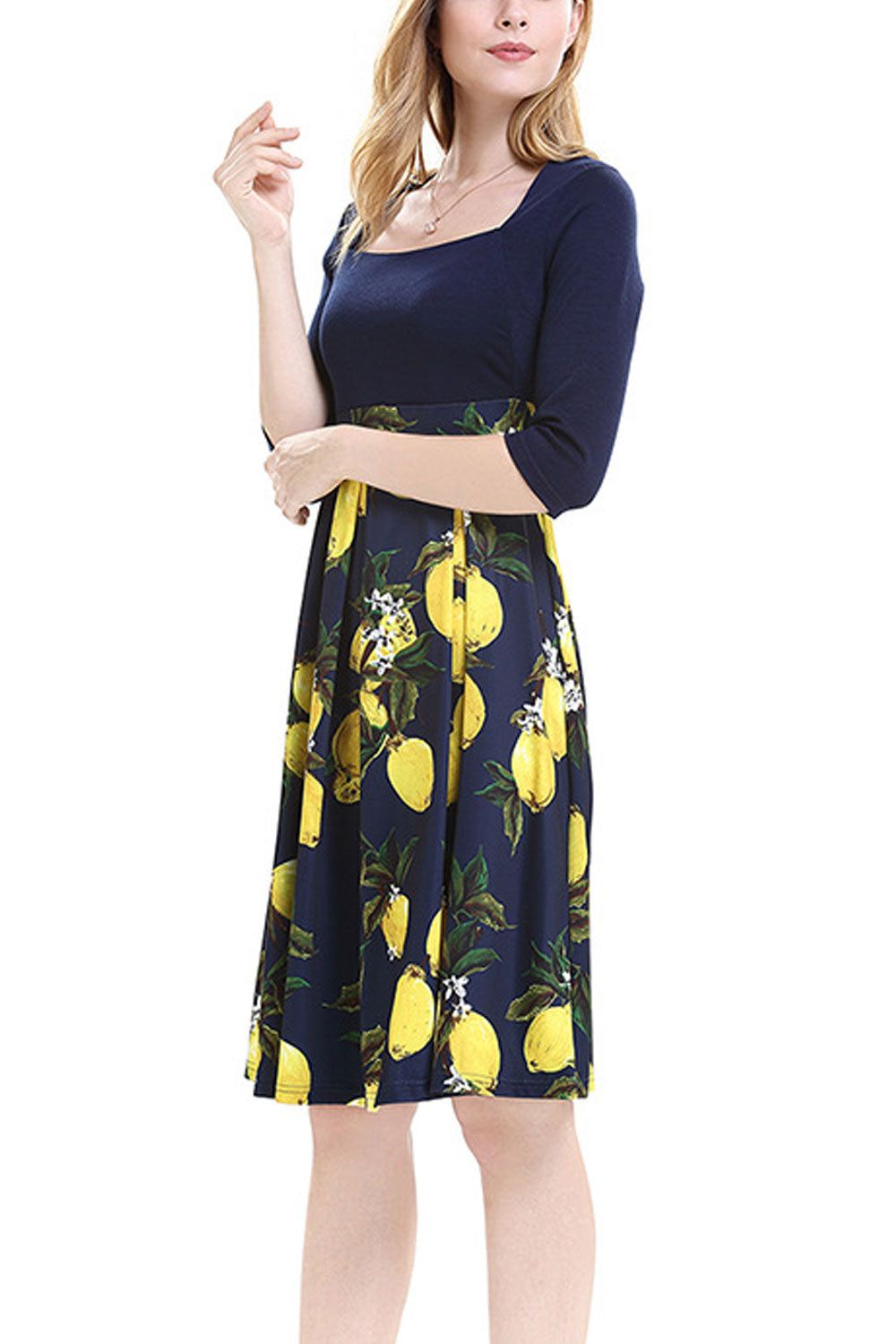 Women Square Neck Solid Top Floral Skirt Dress