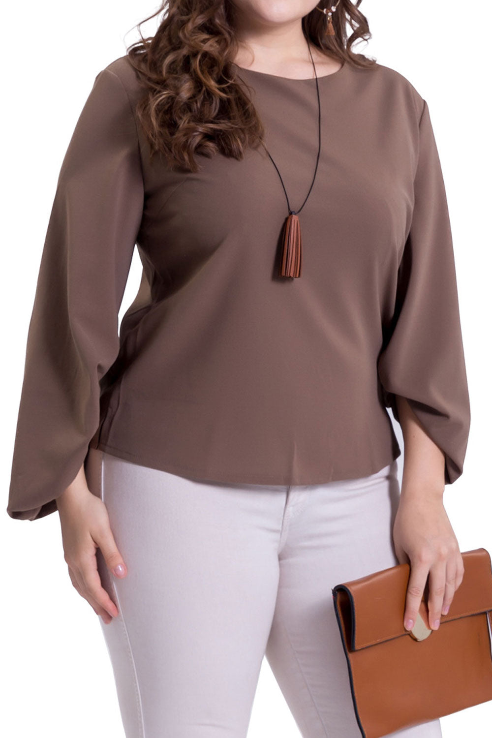 Women Round Neck Split Long Sleeve Top