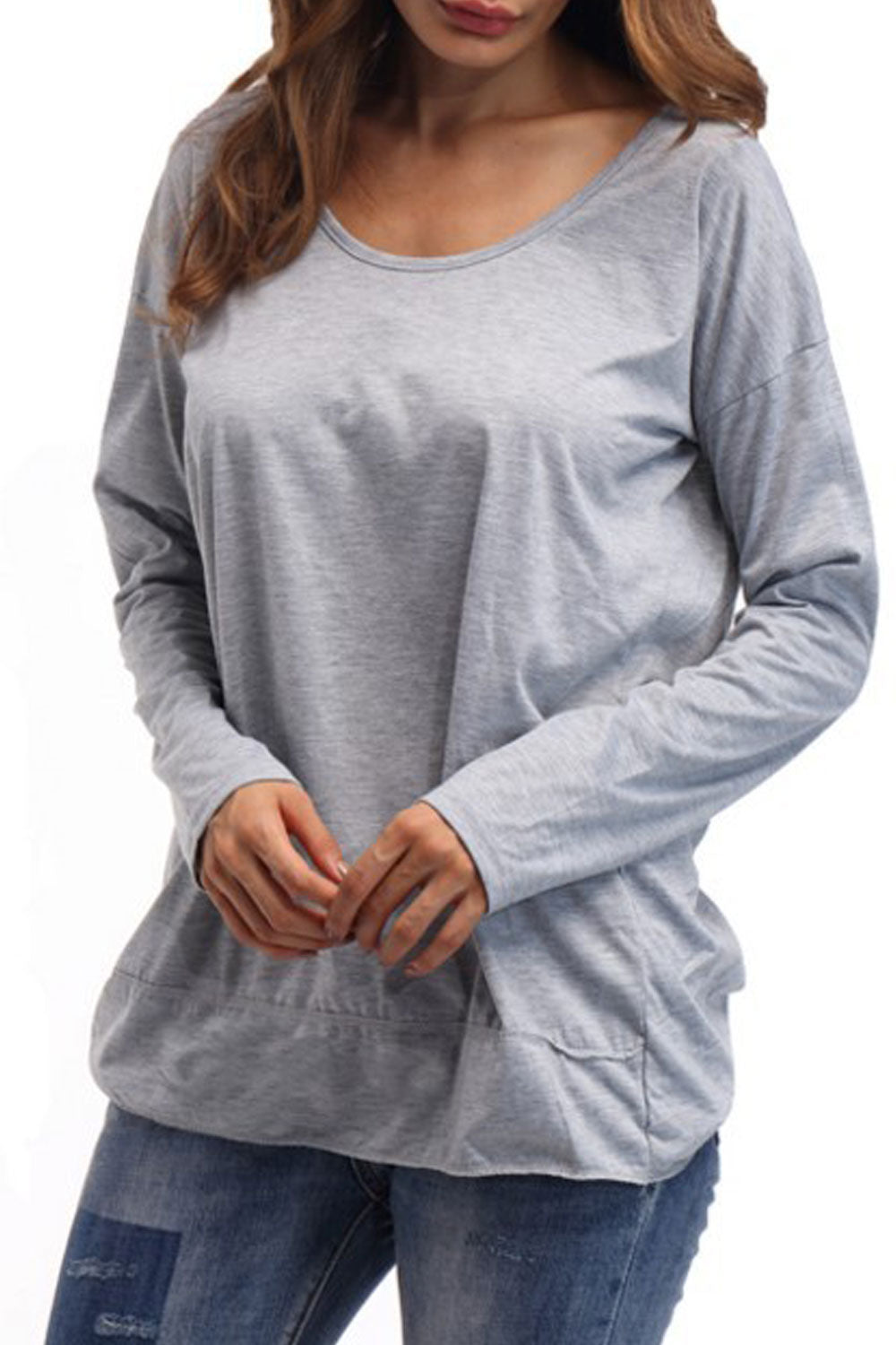 Women Loose Waist Round Neck Long Sleeves Shirt