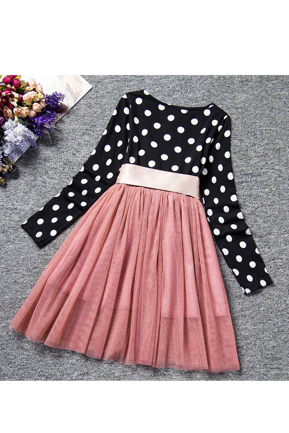 Kids Girls Dotted Top Solid Skirt Cute Bow Dress
