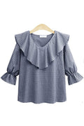 Women Ruffled Neck Bell Sleeve Plaid Top
