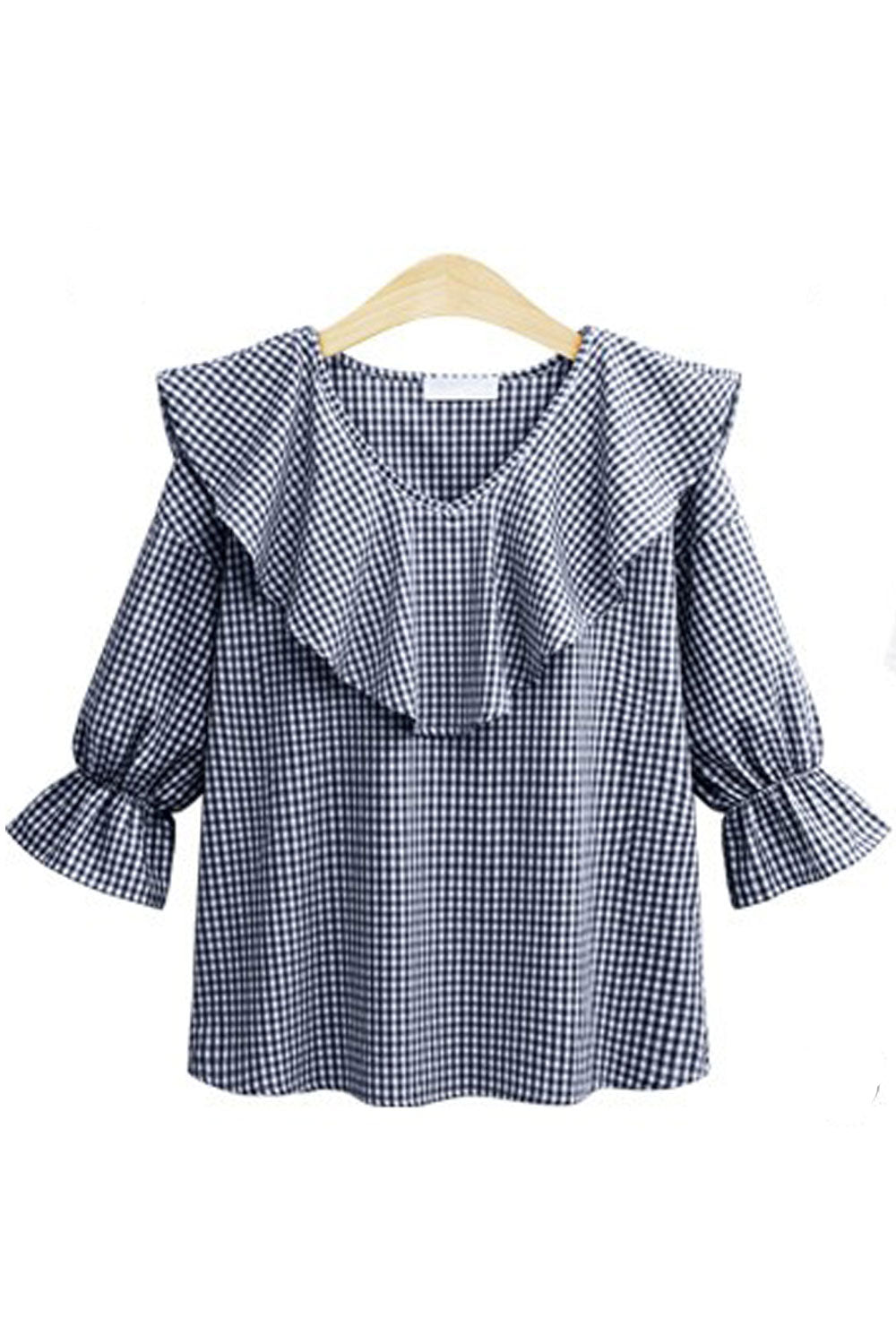 Women Ruffled Neck Bell Sleeve Plaid Top