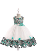 Kids Girls Embroided Round Neck Flower Dress