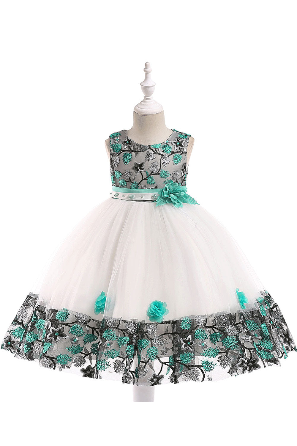 Kids Girls Embroided Round Neck Flower Dress