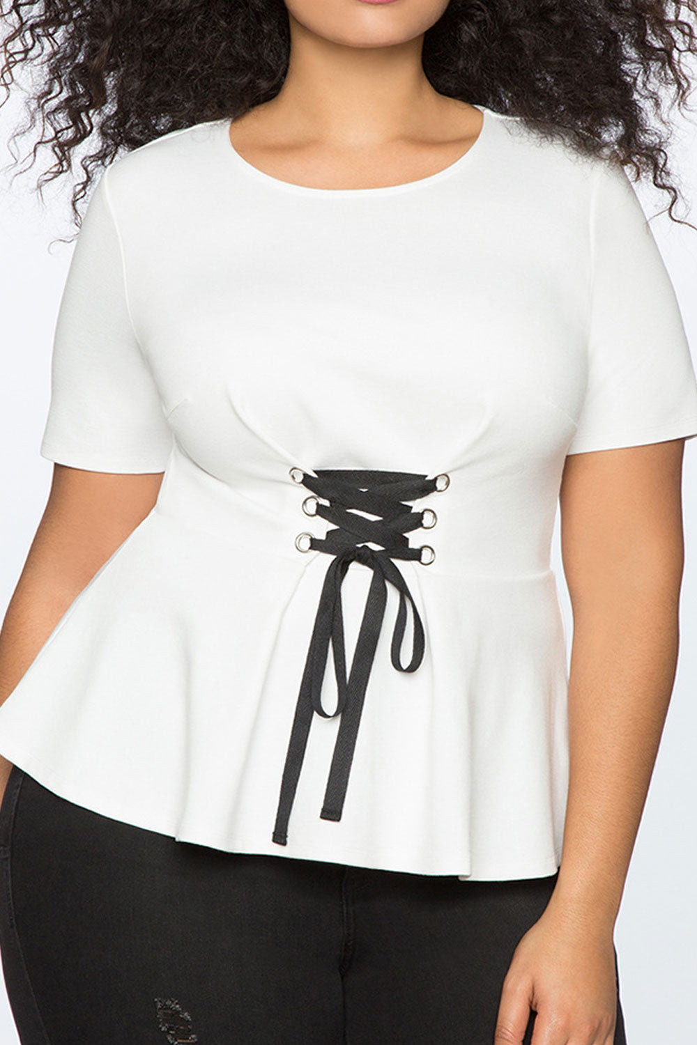Women Round Neck Strap Waist Solid Top