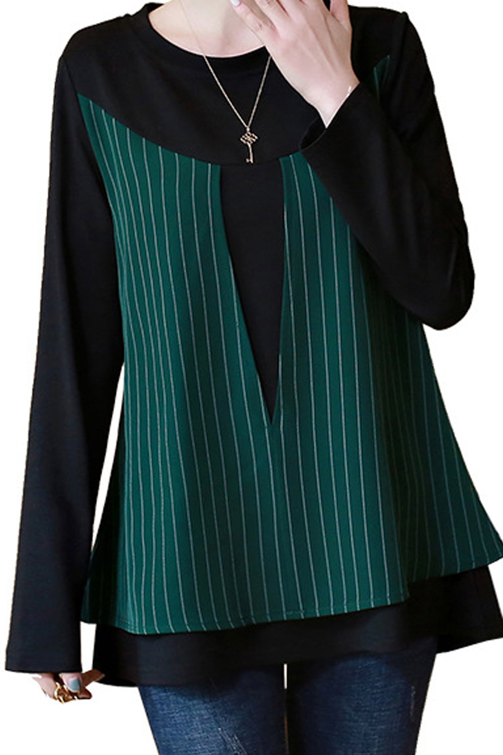 Women High Neck Long Sleeve Striped Top
