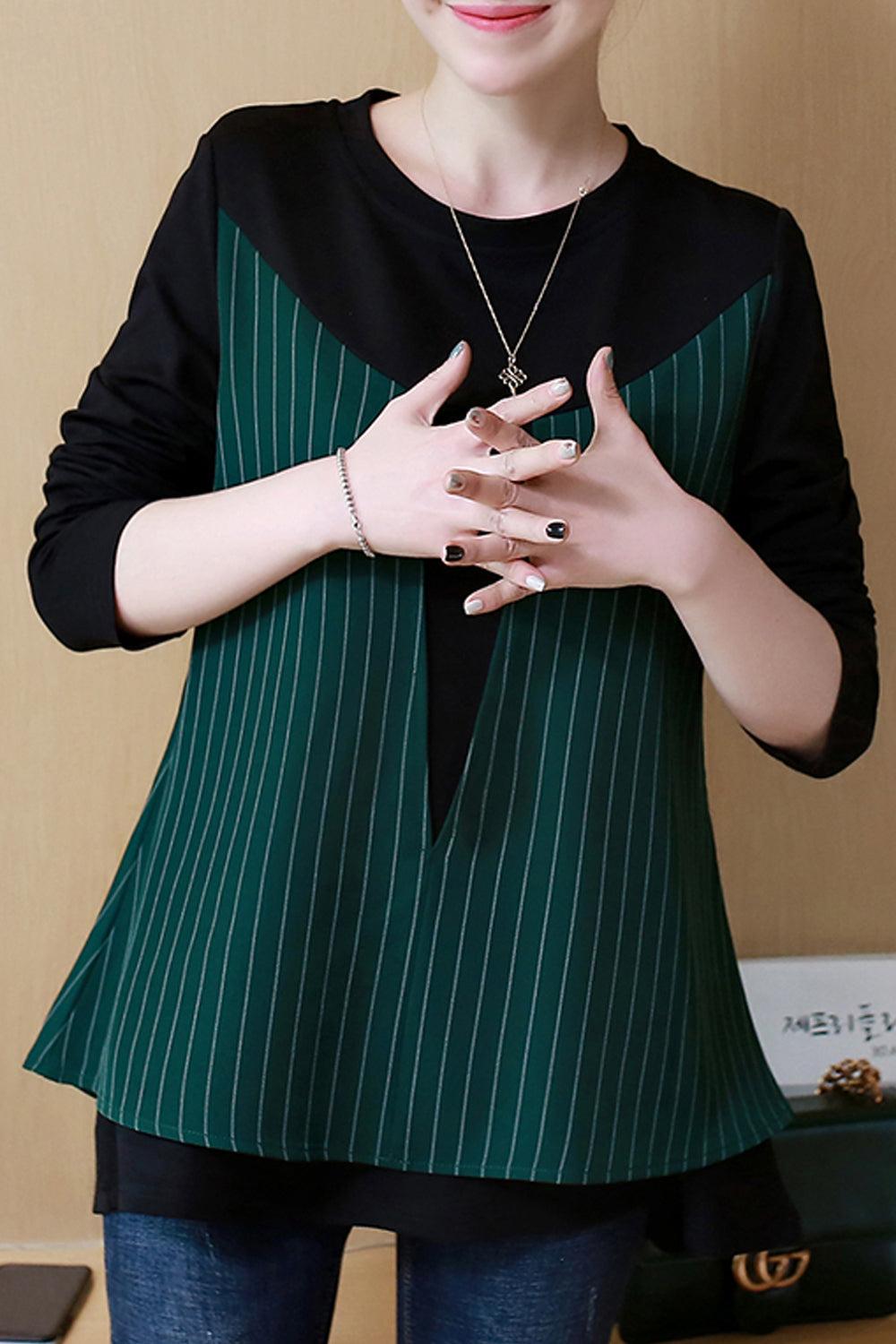 Women High Neck Long Sleeve Striped Top