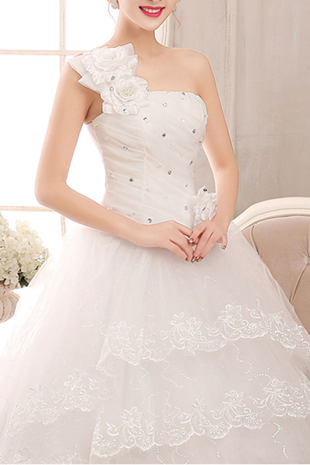 Women One Shoulder Slim Waist Flower Waist Wedding Dress