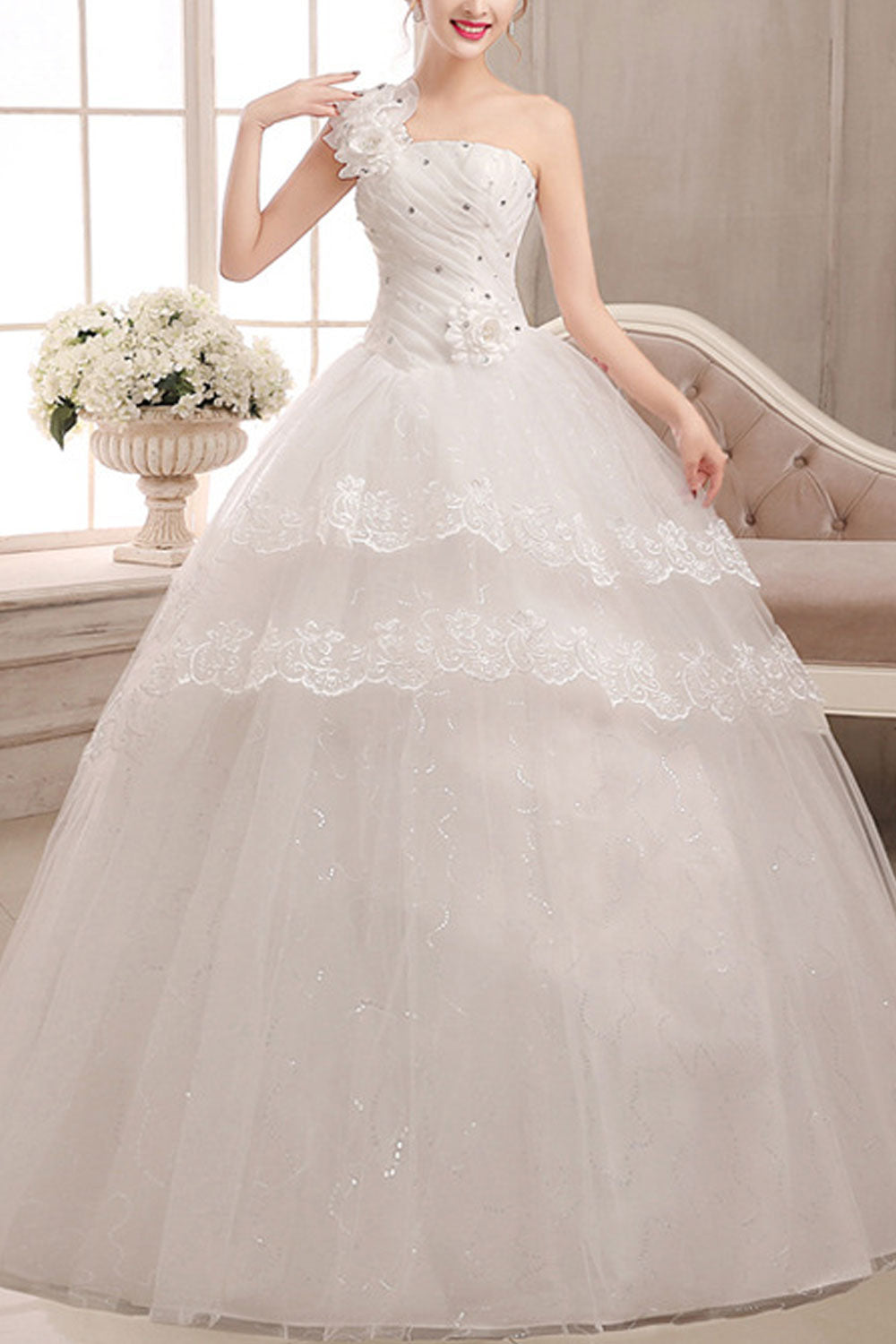 Women One Shoulder Slim Waist Flower Waist Wedding Dress
