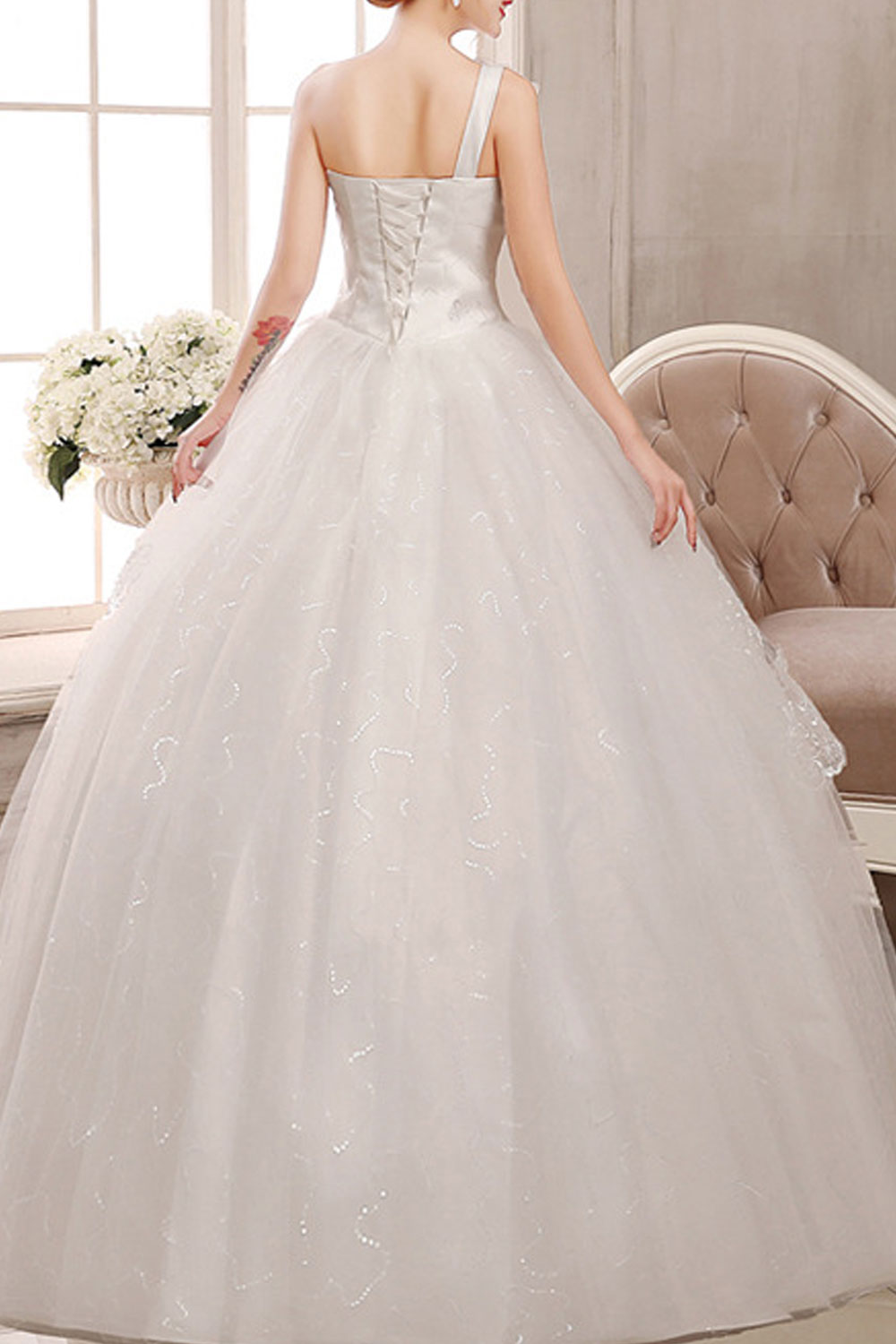 Women One Shoulder Slim Waist Flower Waist Wedding Dress