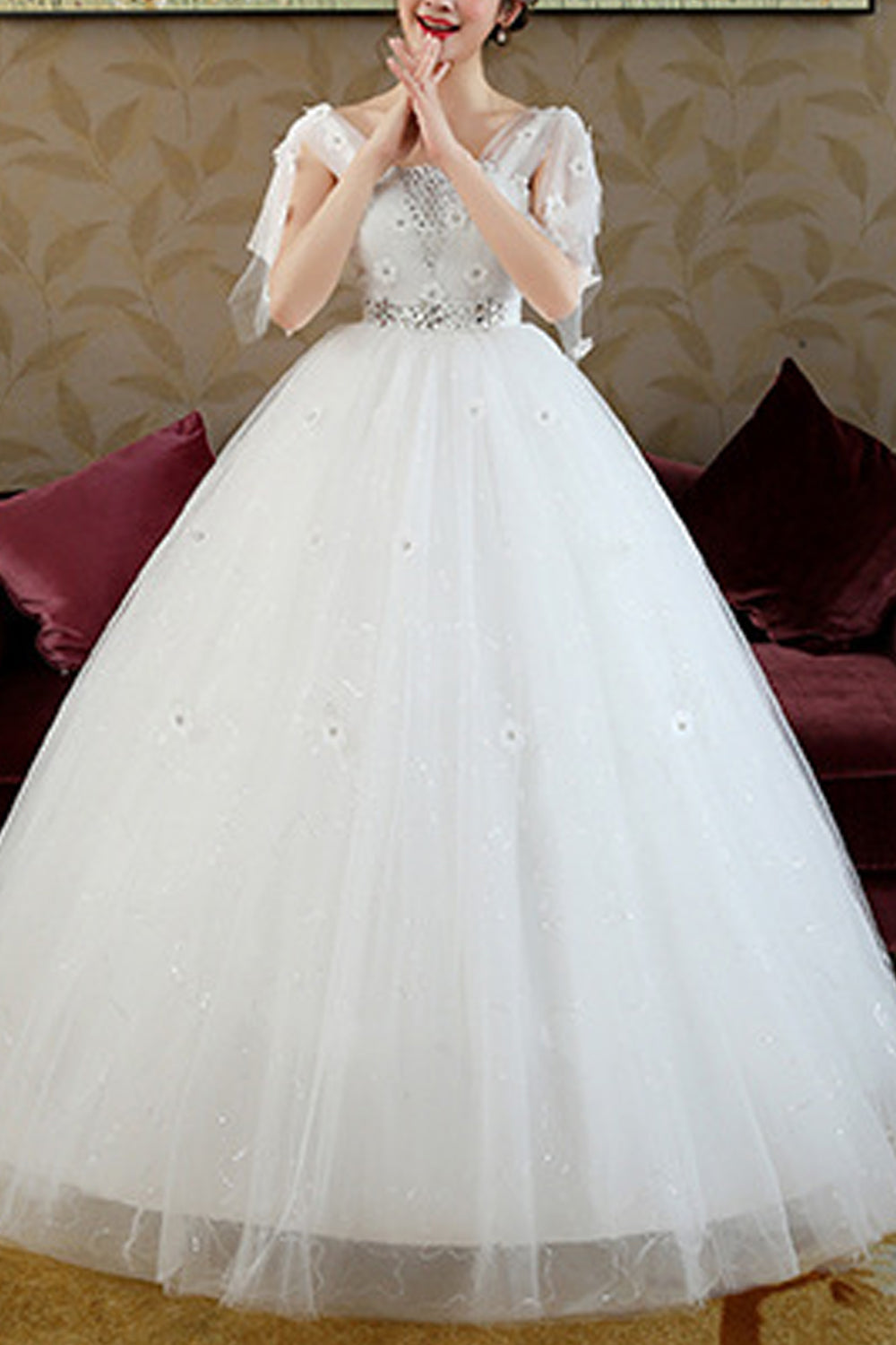 Women Beads Decorated High Waist Wedding Dress