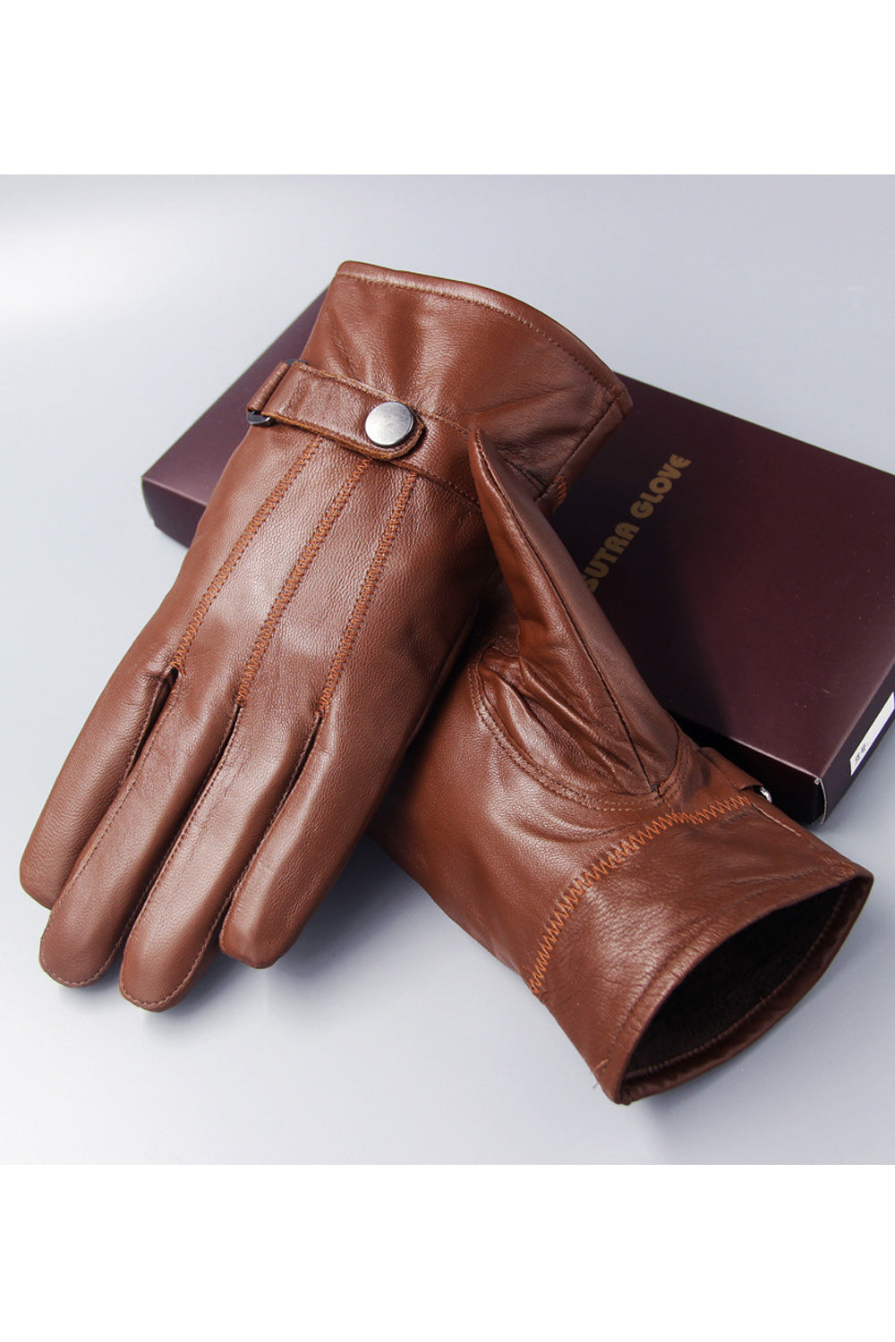 Men Velvet Thicken Button Fasten Leather Winter Gloves