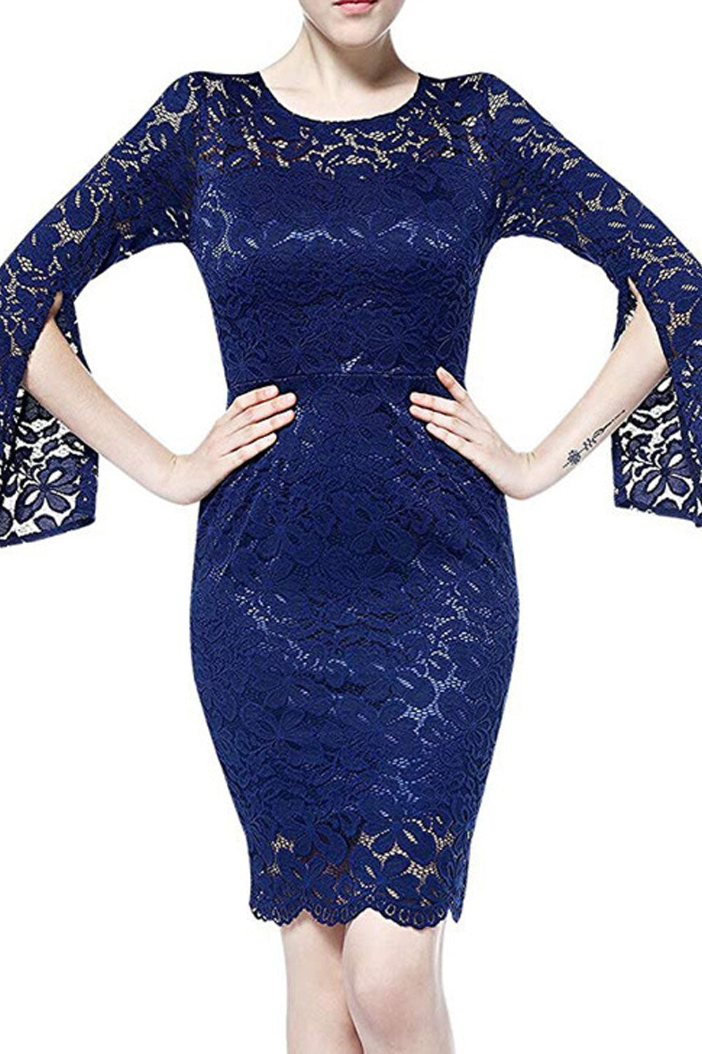 Women Round Neck Lace Decorated Bodycon Dress