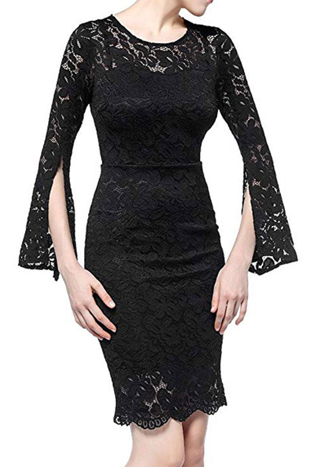 Women Round Neck Lace Decorated Bodycon Dress