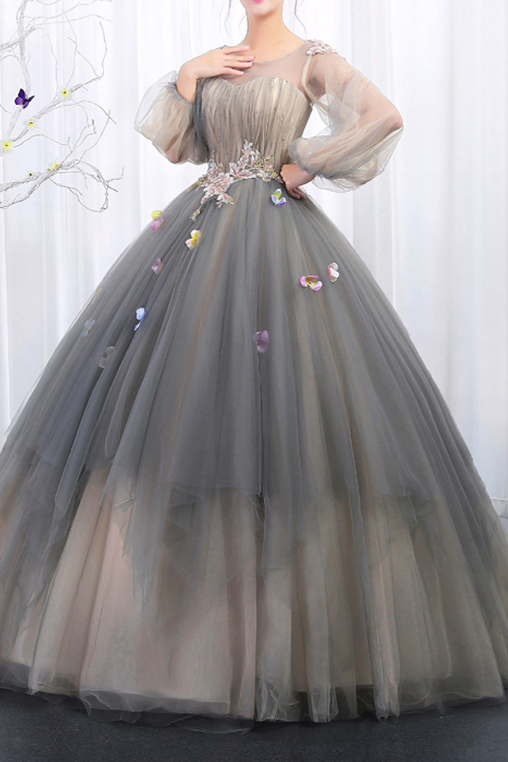 Women Round Neck Lantern Sleeve Wedding Dress