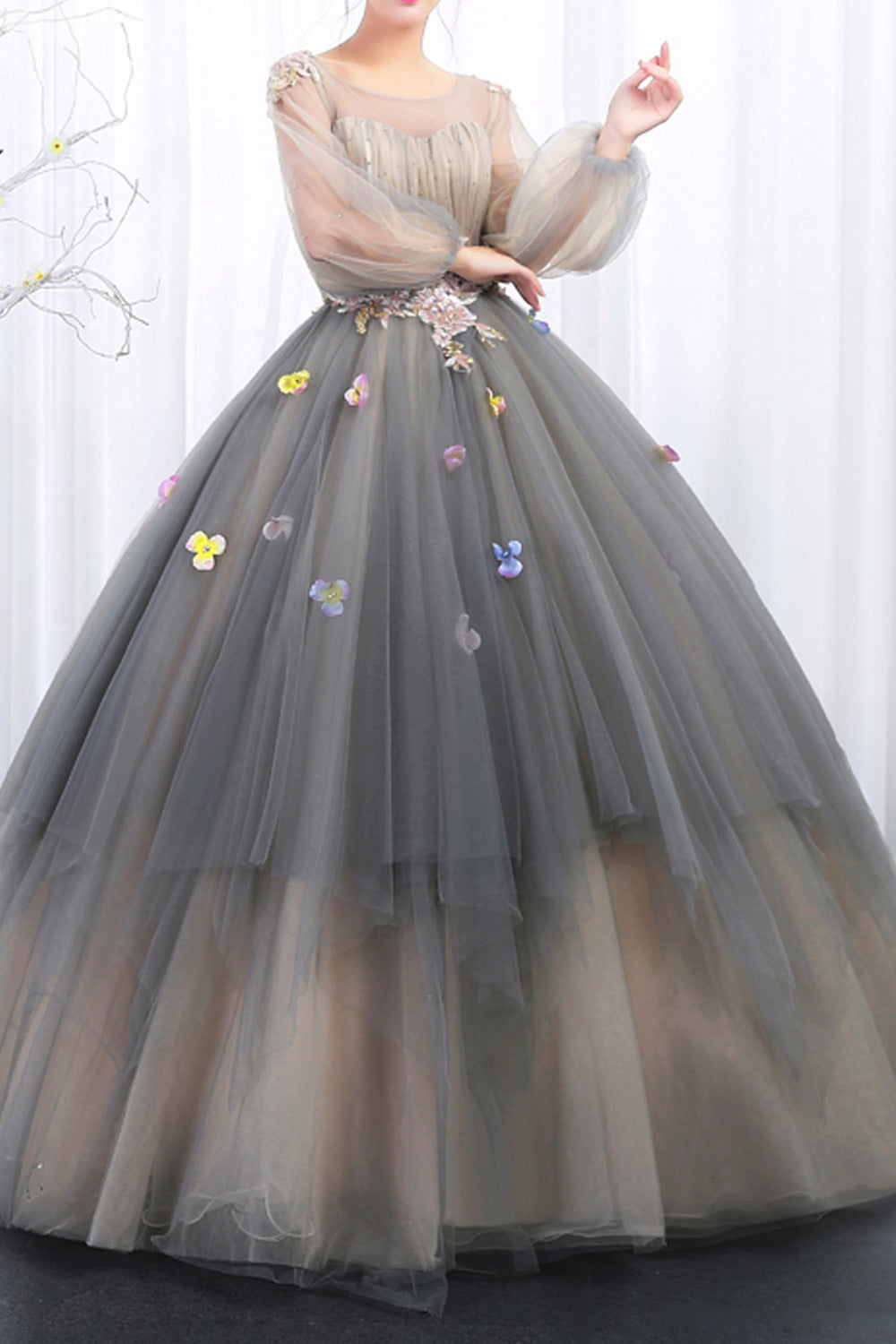 Women Round Neck Lantern Sleeve Wedding Dress