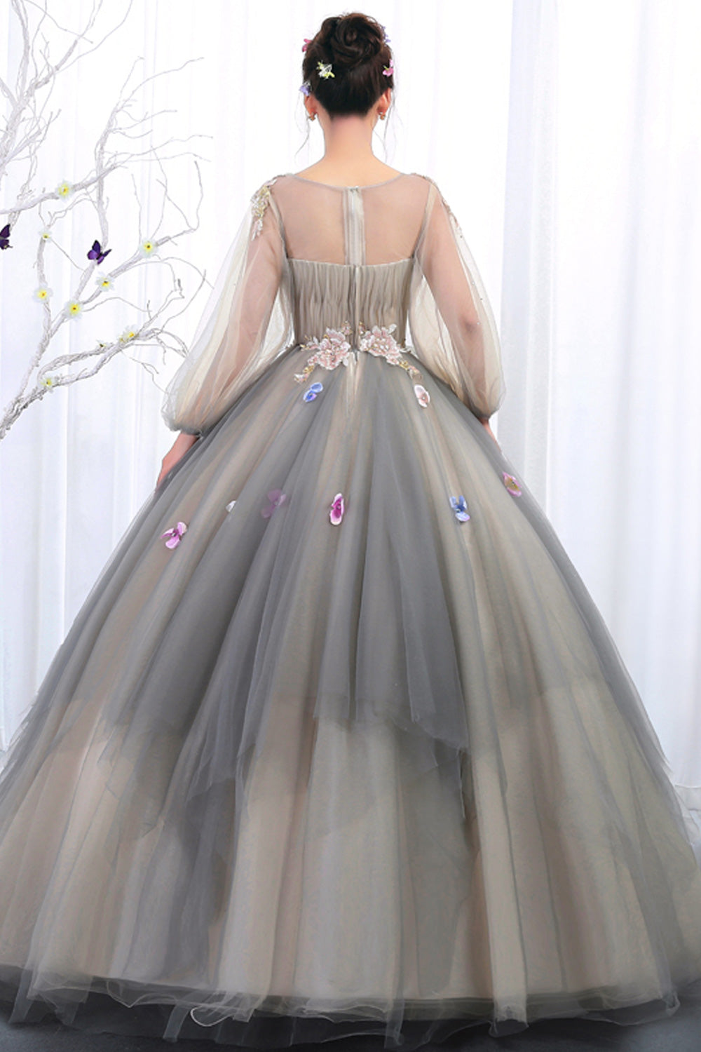 Women Round Neck Lantern Sleeve Wedding Dress