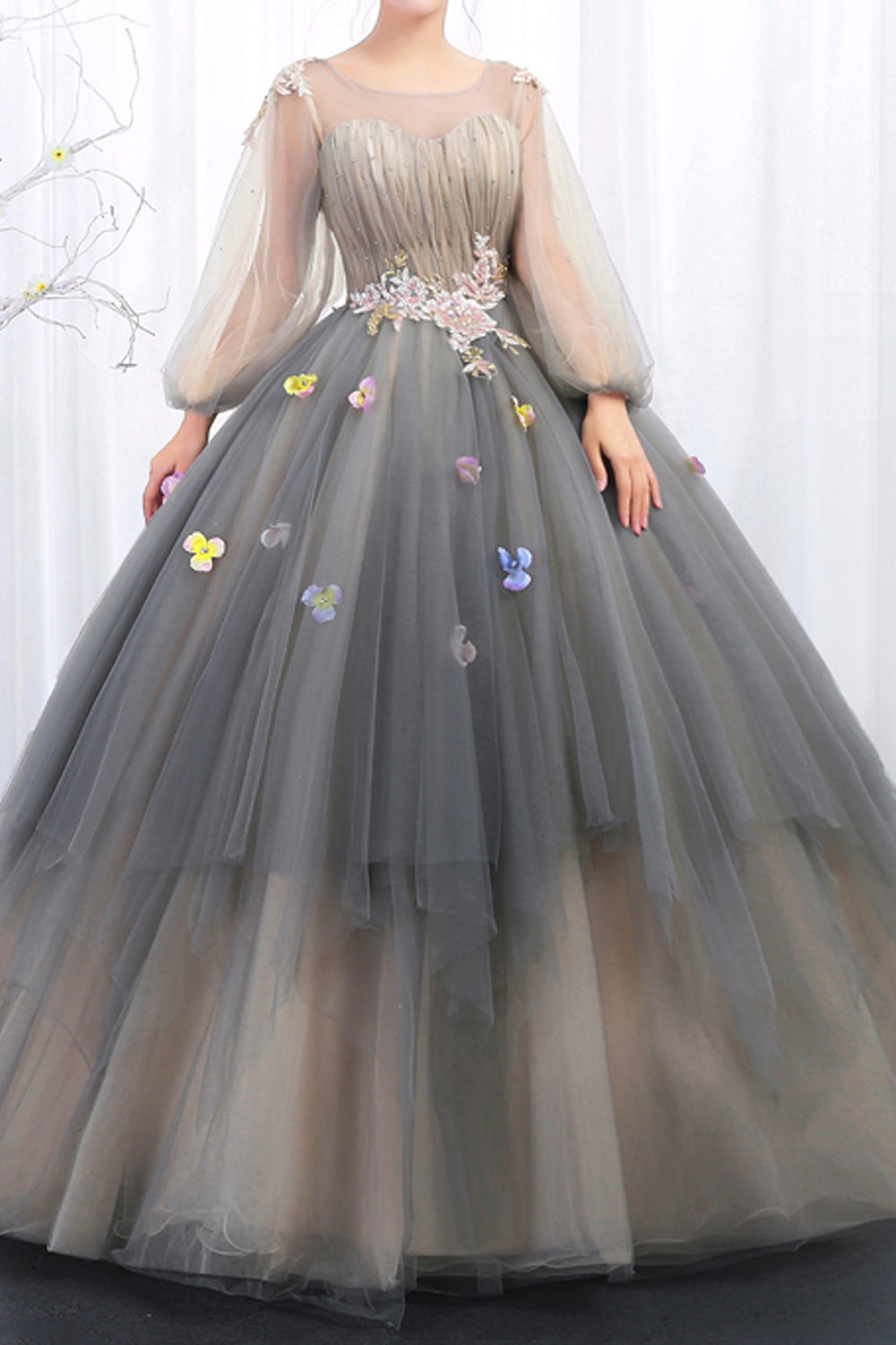Women Round Neck Lantern Sleeve Wedding Dress