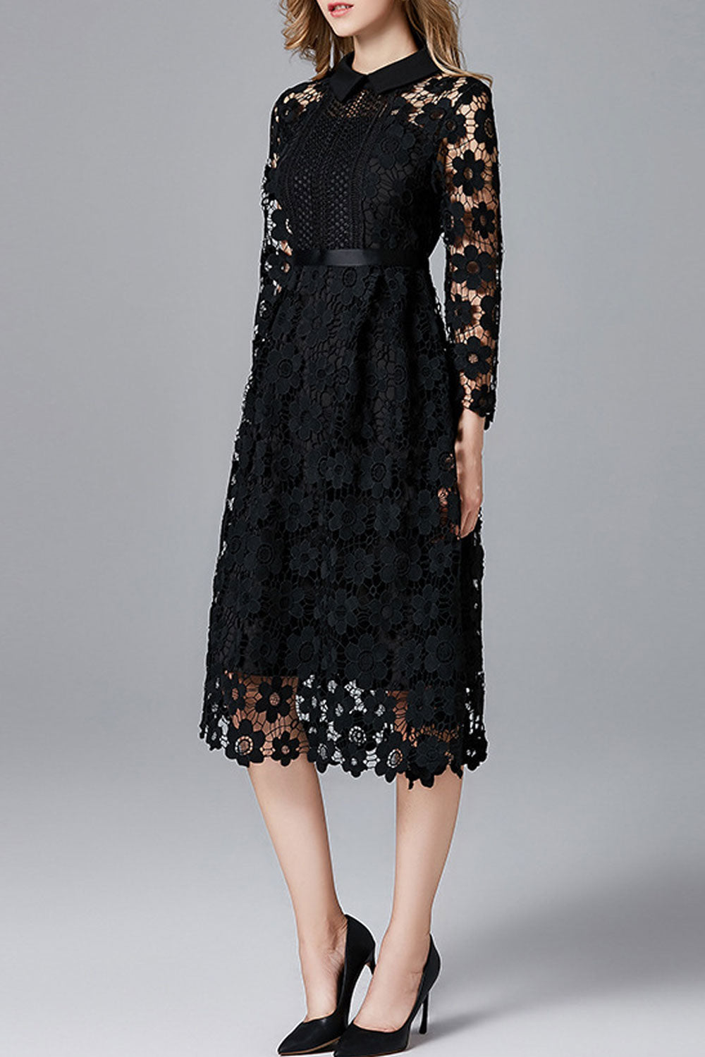 Women Peter Pan Neck Hollow Lace Party Dress
