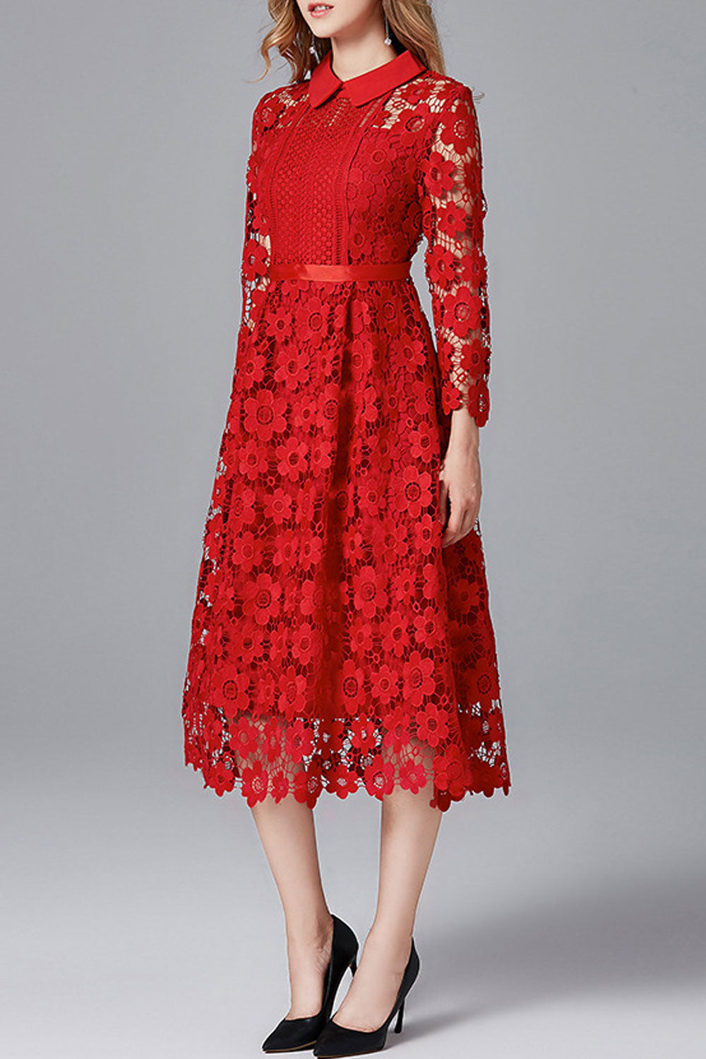 Women Peter Pan Neck Hollow Lace Party Dress
