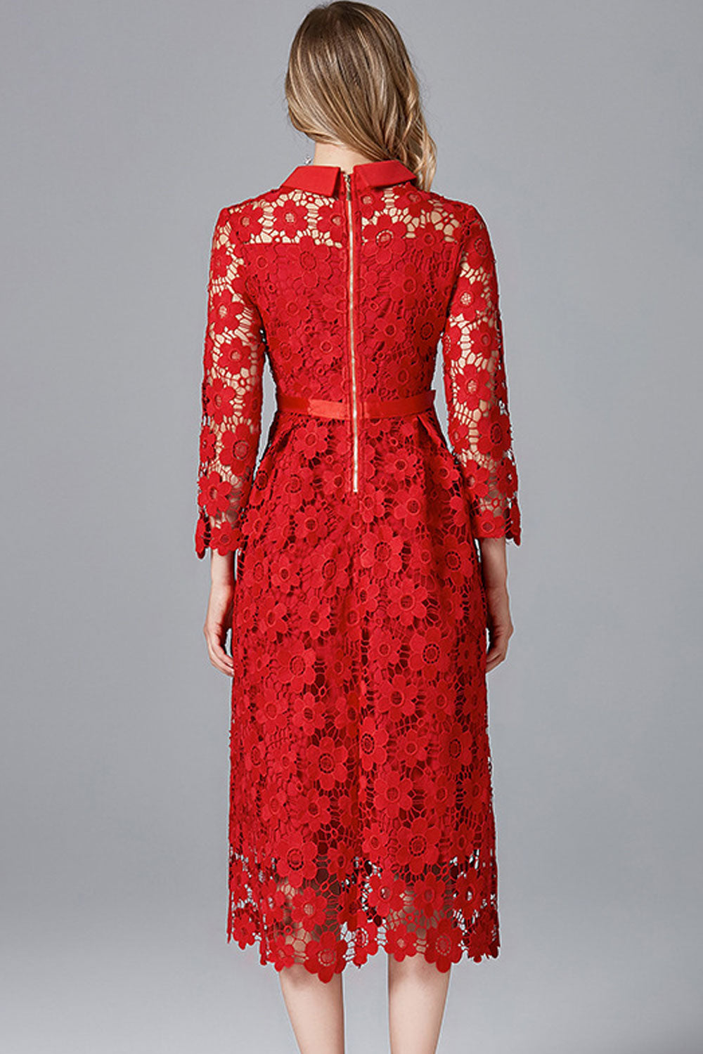 Women Peter Pan Neck Hollow Lace Party Dress