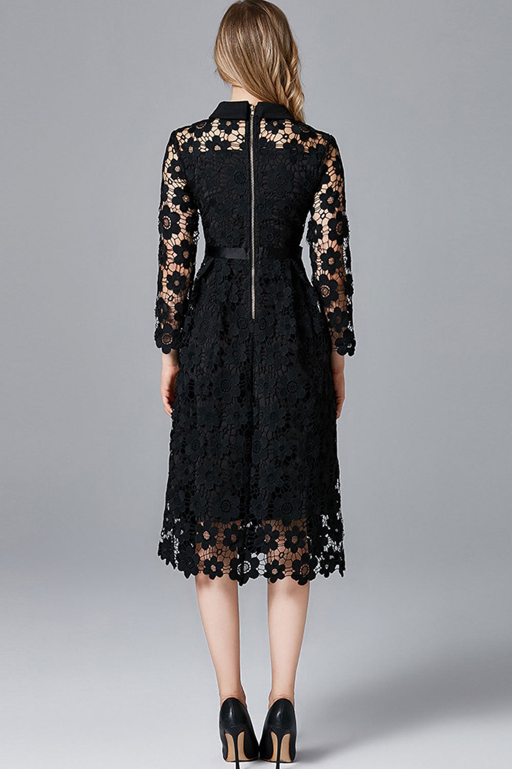 Women Peter Pan Neck Hollow Lace Party Dress