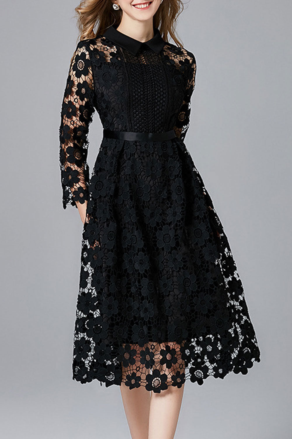 Women Peter Pan Neck Hollow Lace Party Dress