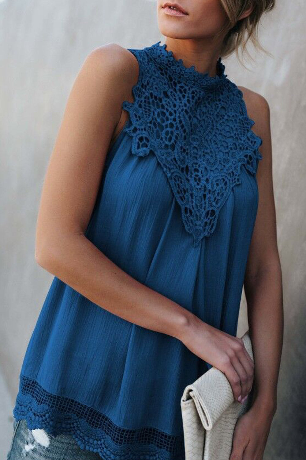 Women Lace High Neck Sleeveless Chiffon Top