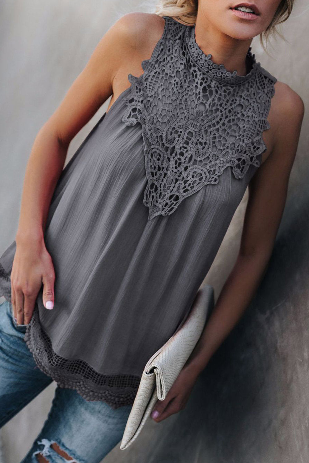 Women Lace High Neck Sleeveless Chiffon Top