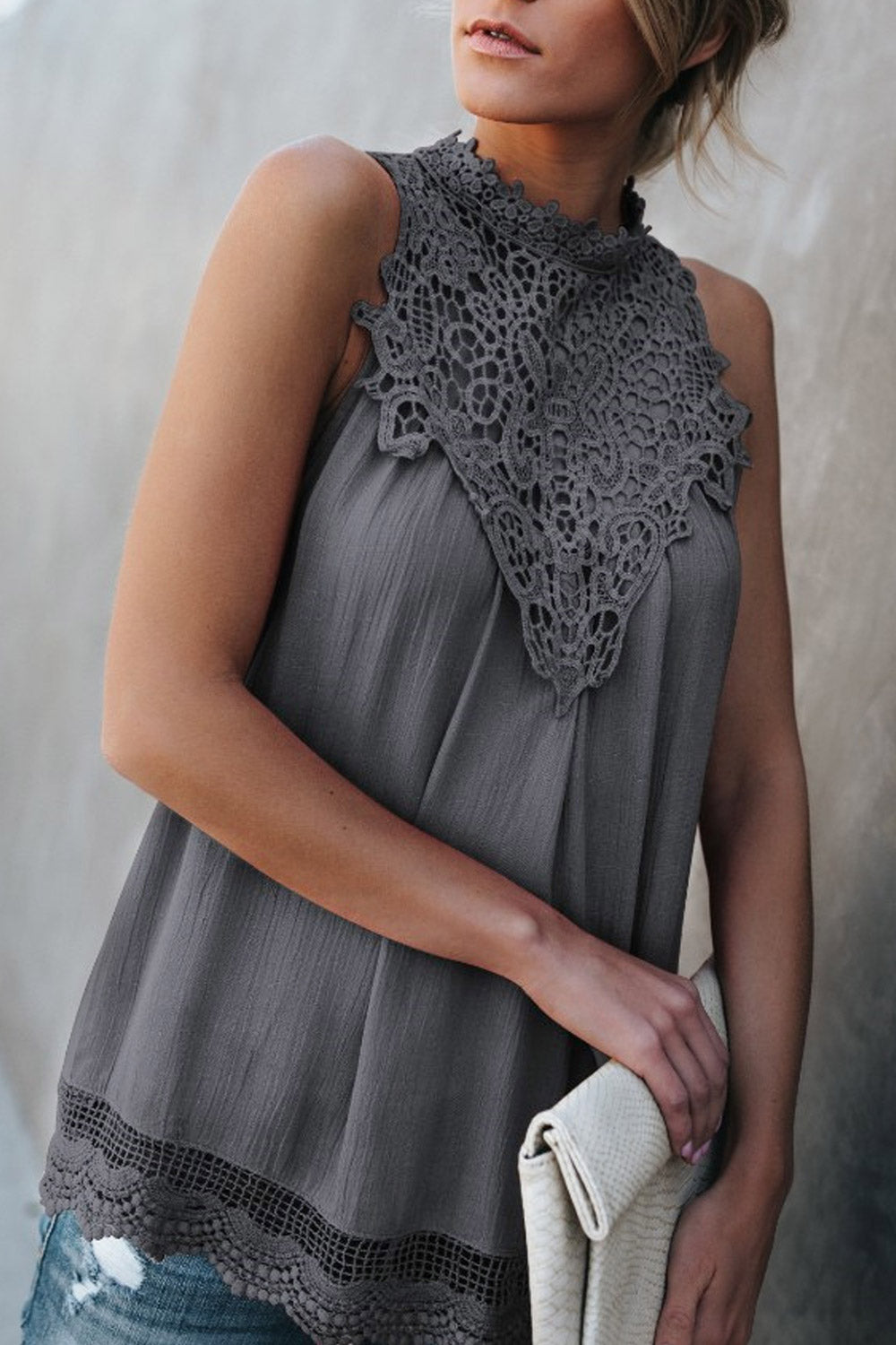 Women Lace High Neck Sleeveless Chiffon Top