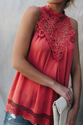 Women Lace High Neck Sleeveless Chiffon Top