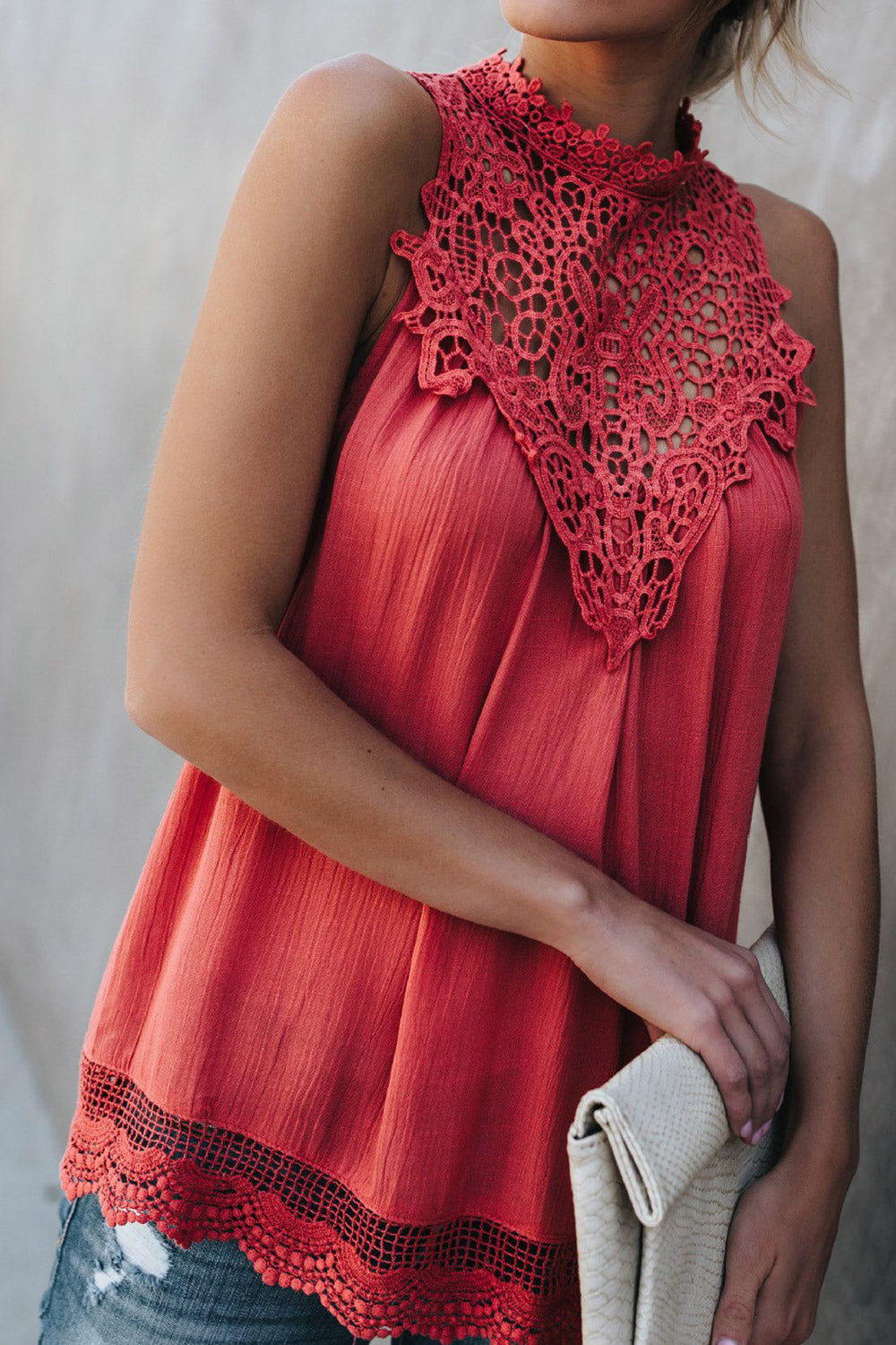 Women Lace High Neck Sleeveless Chiffon Top