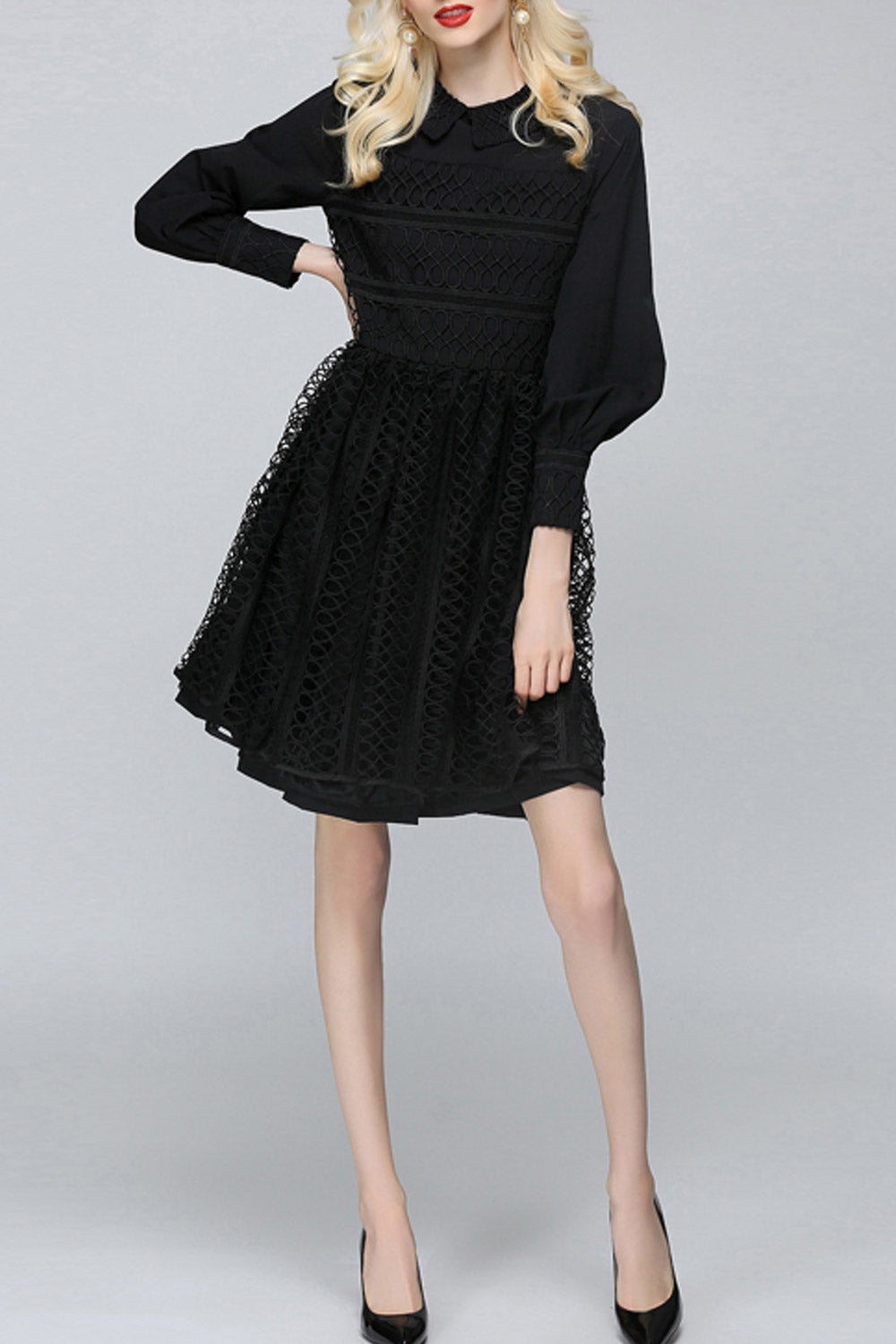 Women Long Sleeve Zipper Back Embroidered Dress