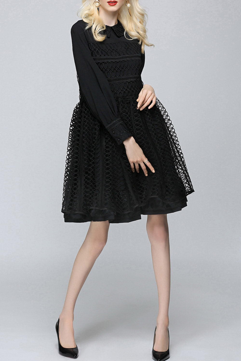 Women Long Sleeve Zipper Back Embroidered Dress
