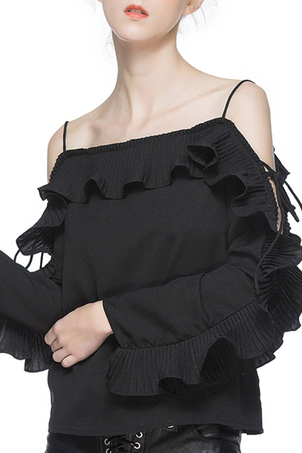 Women Ruffled Thin Straps Ruffled Top