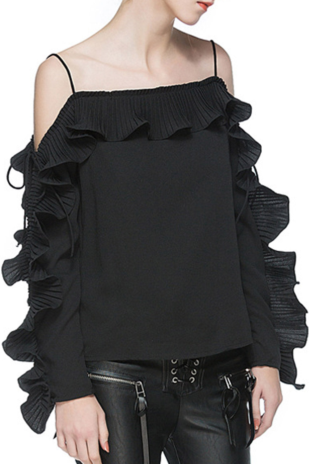 Women Ruffled Thin Straps Ruffled Top