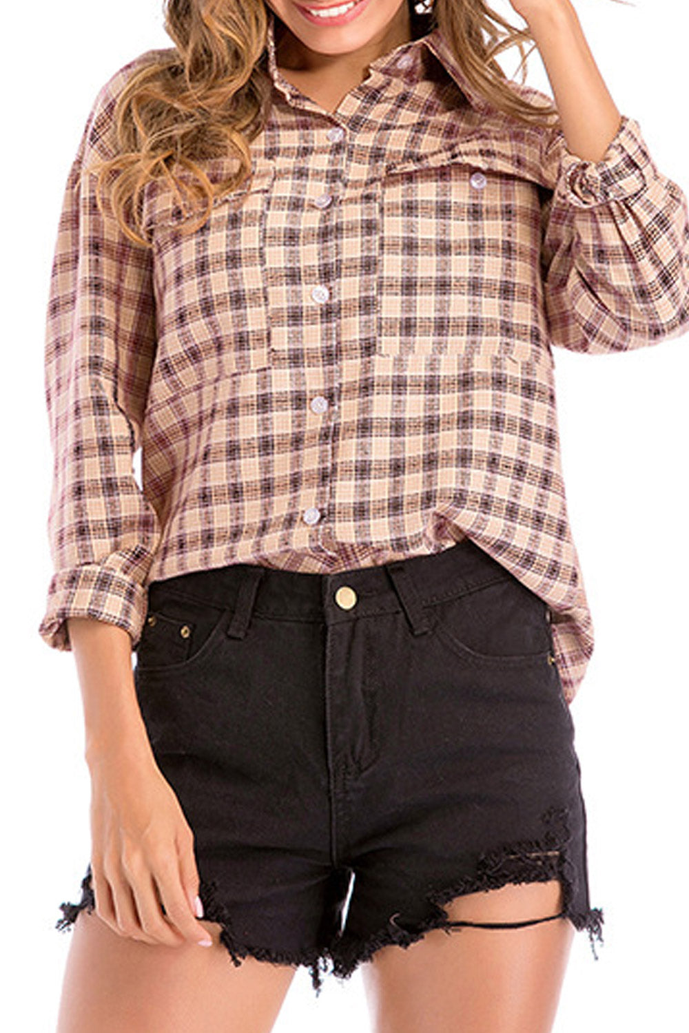 Women Plaid Collar Neck Casual Shirt