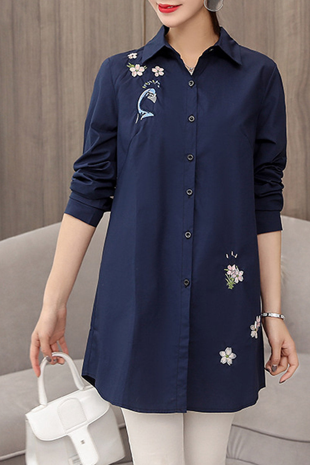 Women Collar Neck Embroidered Casual Shirt