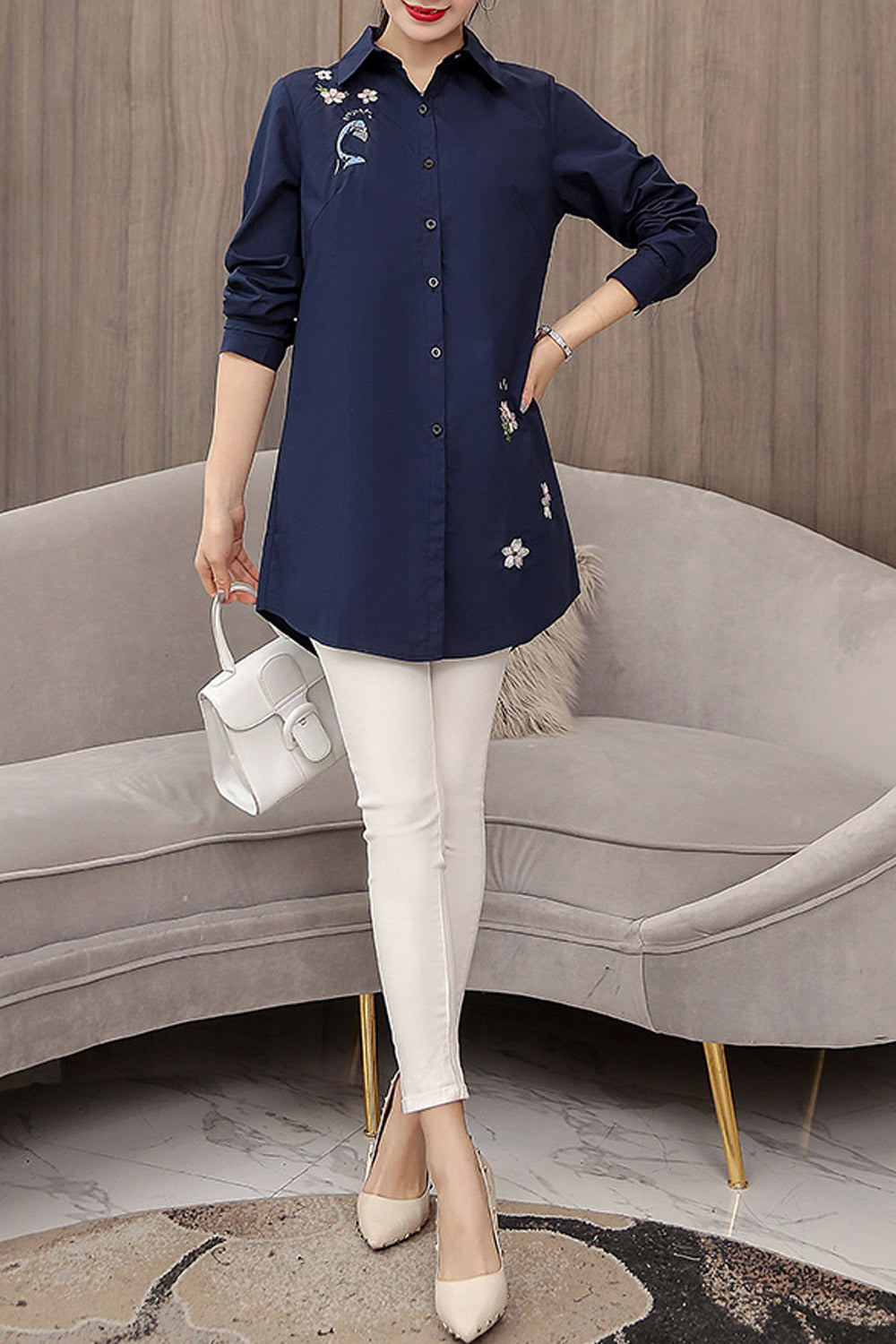 Women Collar Neck Embroidered Casual Shirt