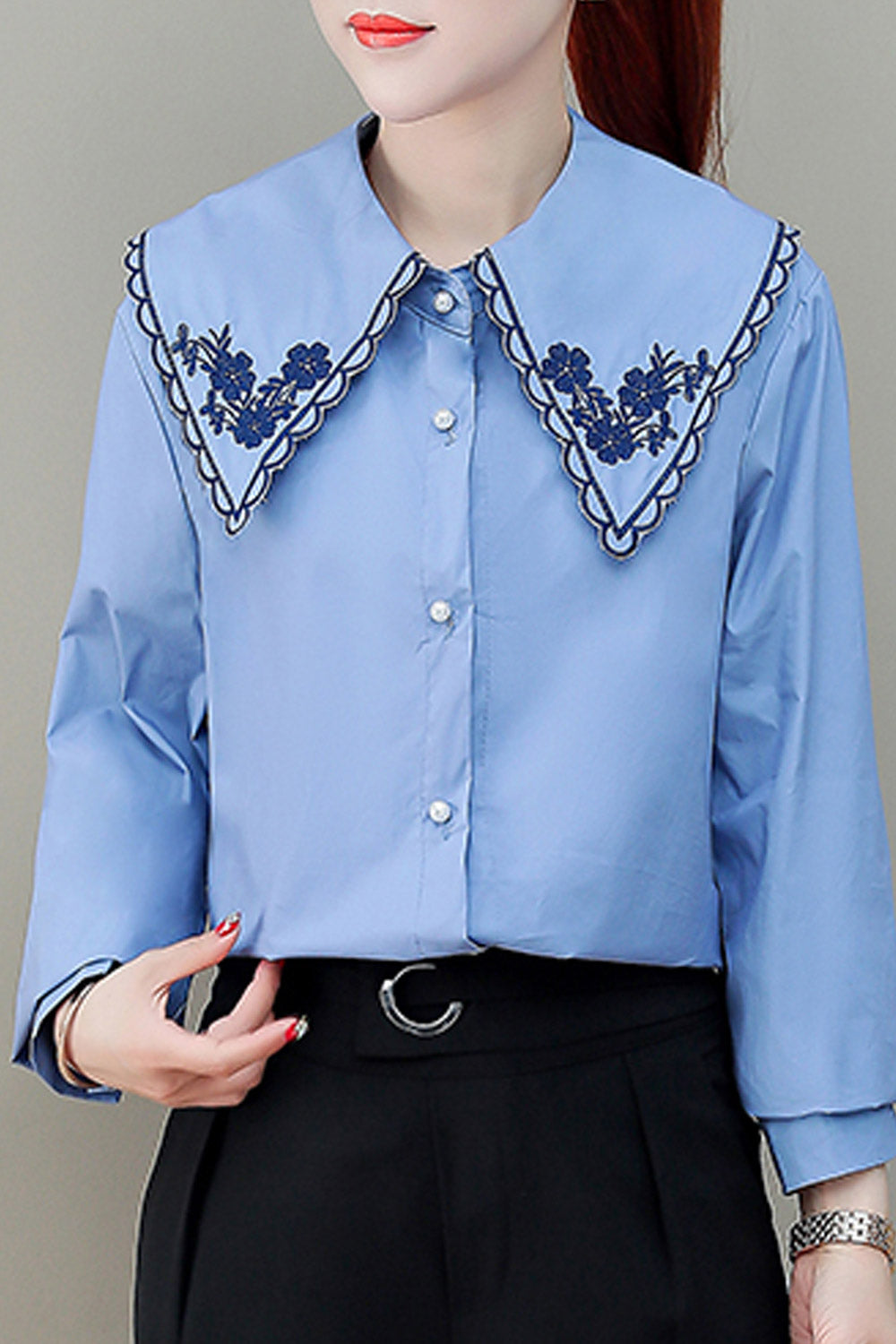 Women Loose Collar Neck Button Down Shirt