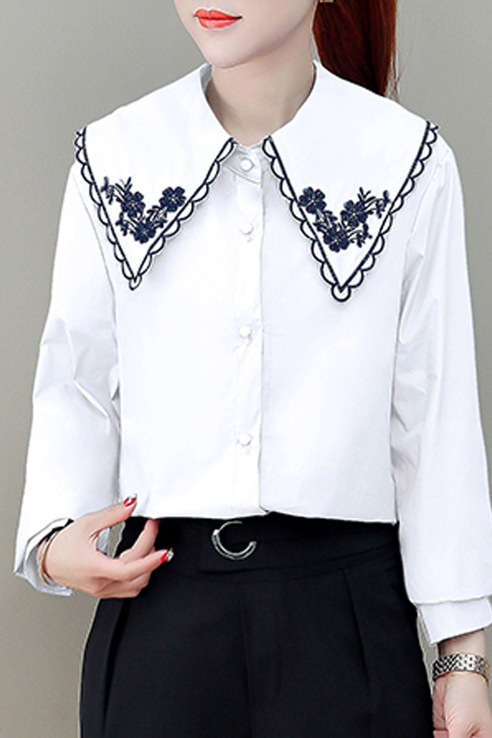 Women Loose Collar Neck Button Down Shirt
