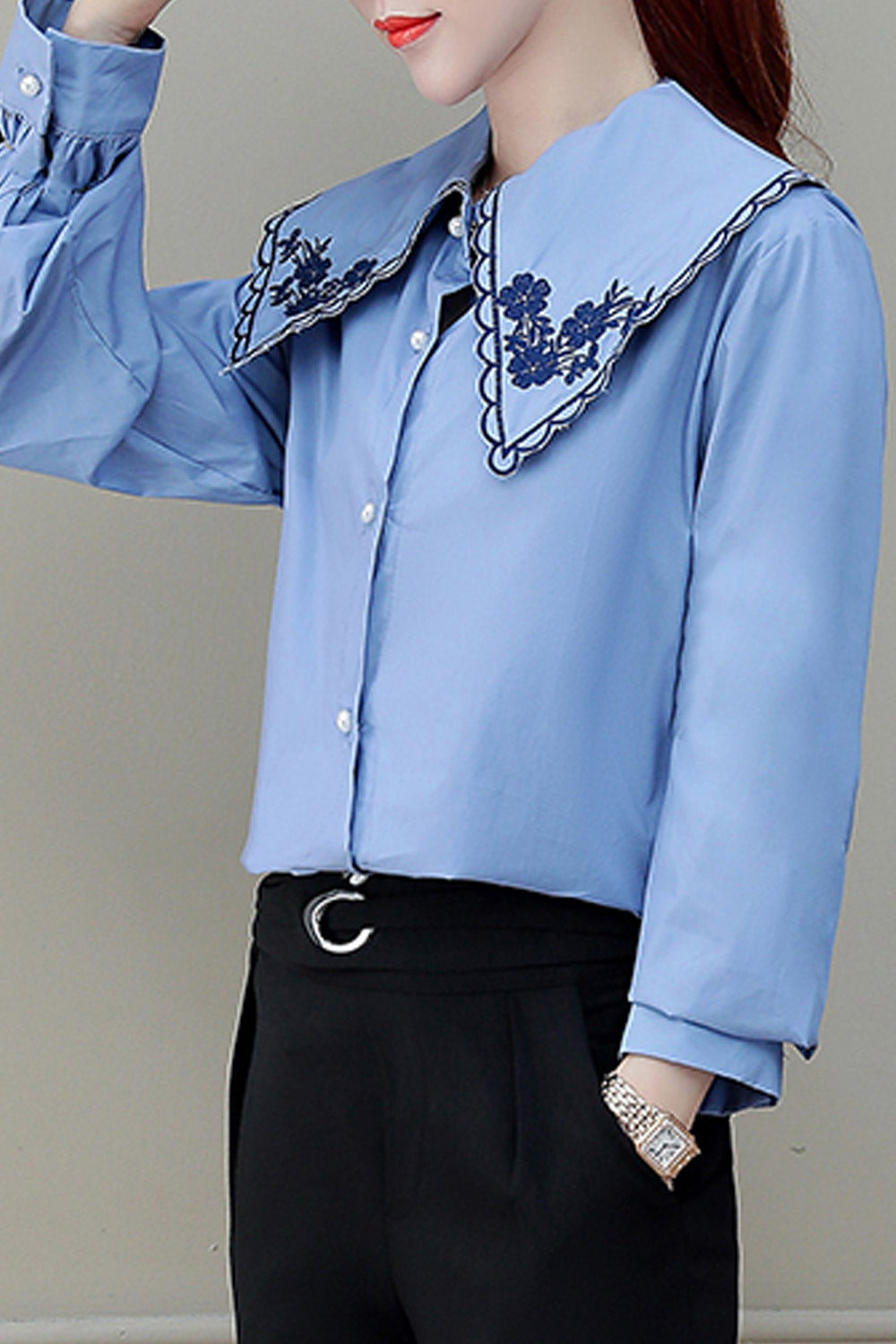 Women Loose Collar Neck Button Down Shirt