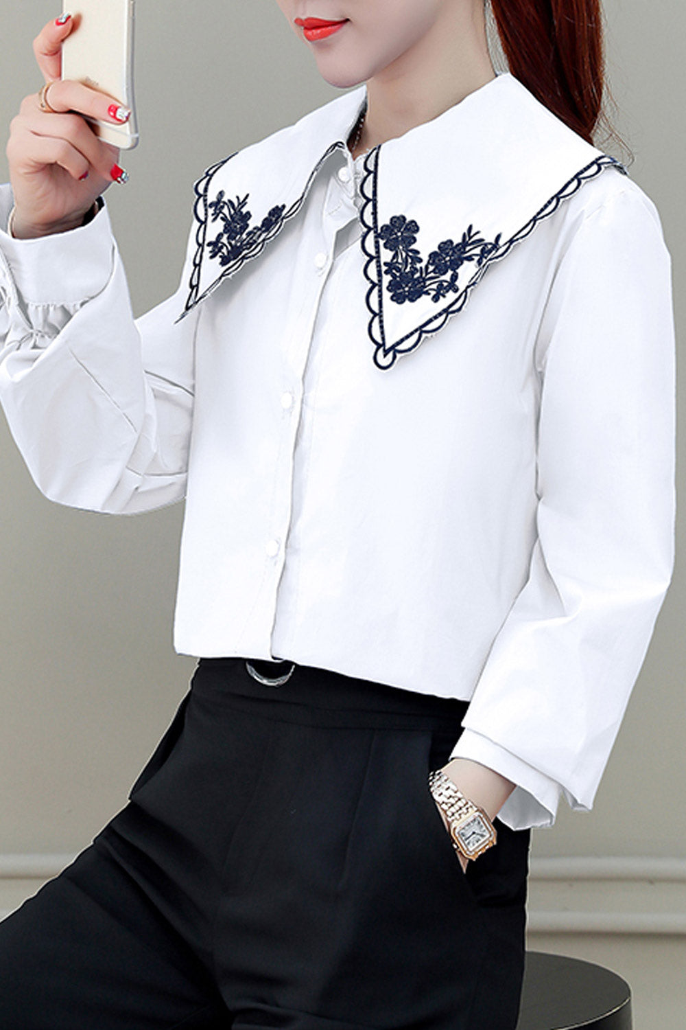 Women Loose Collar Neck Button Down Shirt