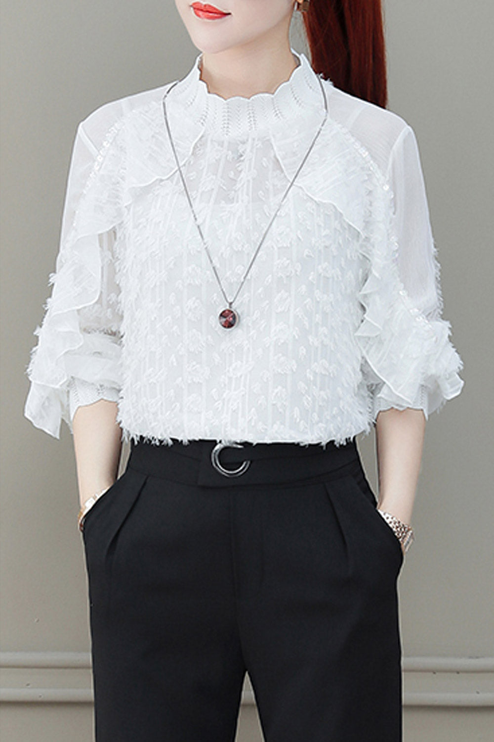 Women Lace High Neck Mesh Shirt