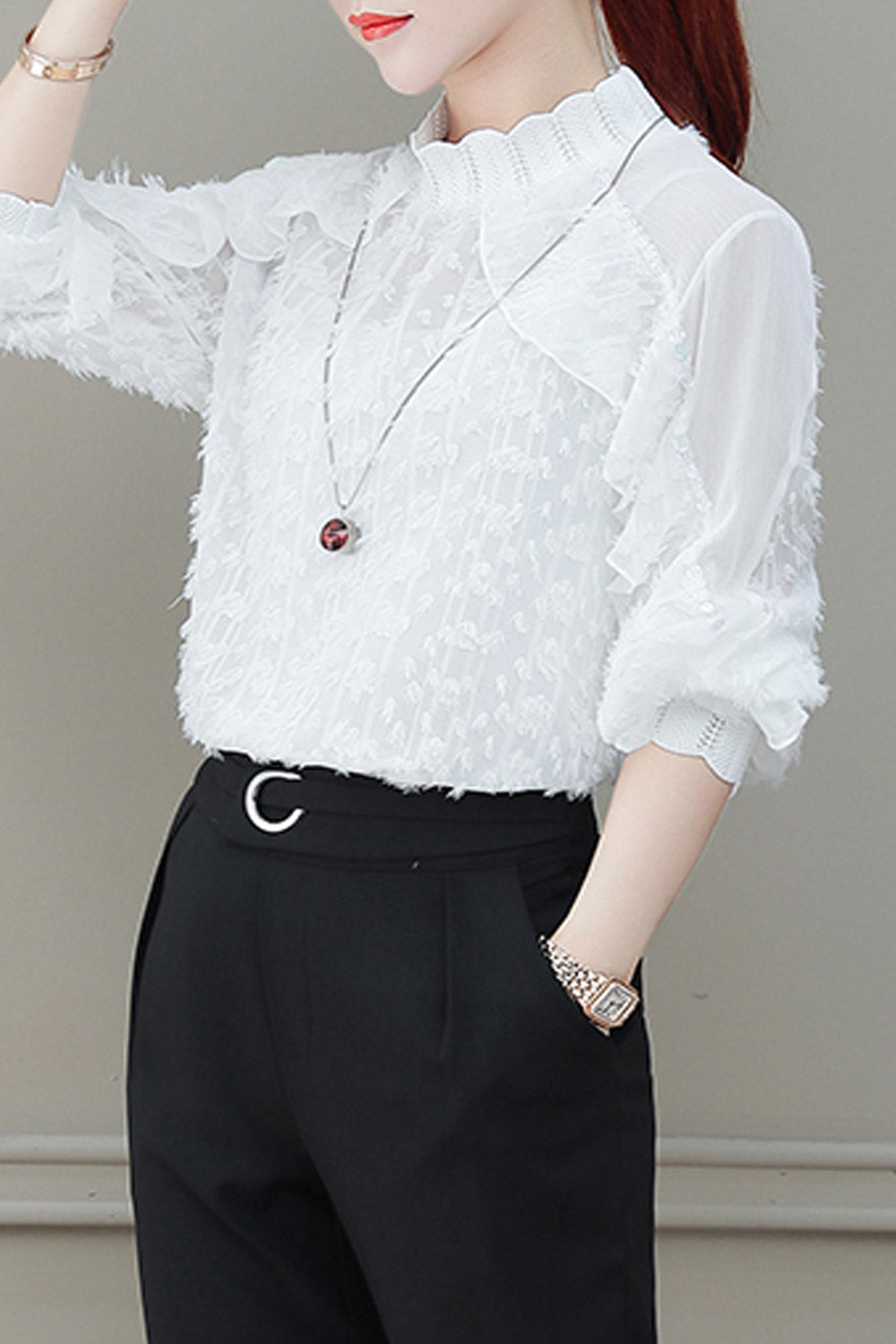 Women Lace High Neck Mesh Shirt