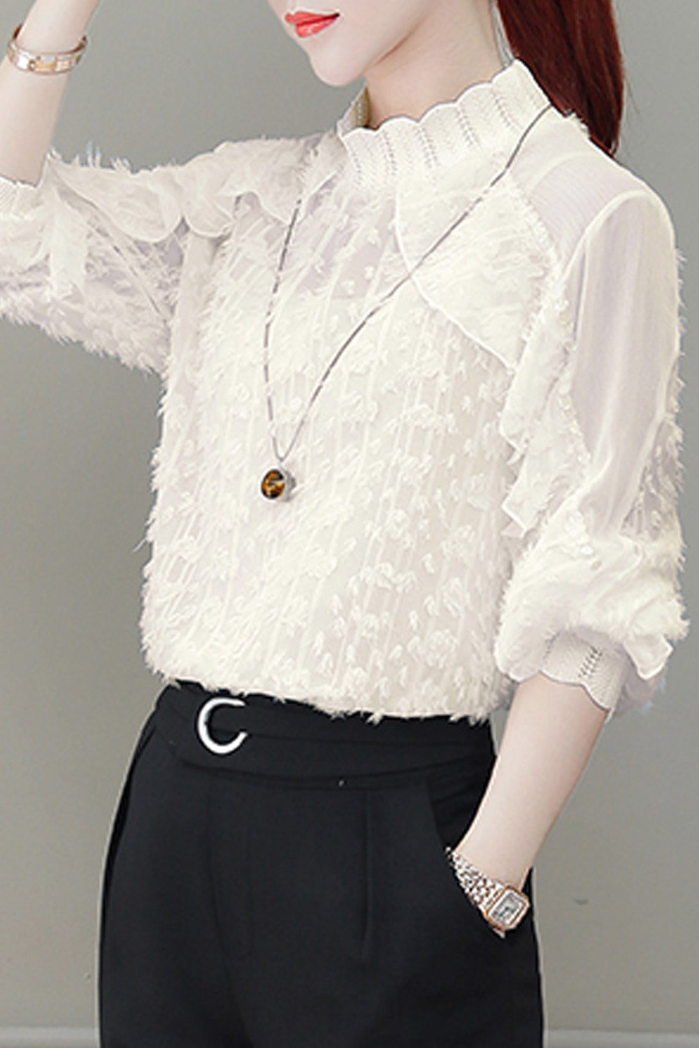 Women Lace High Neck Mesh Shirt