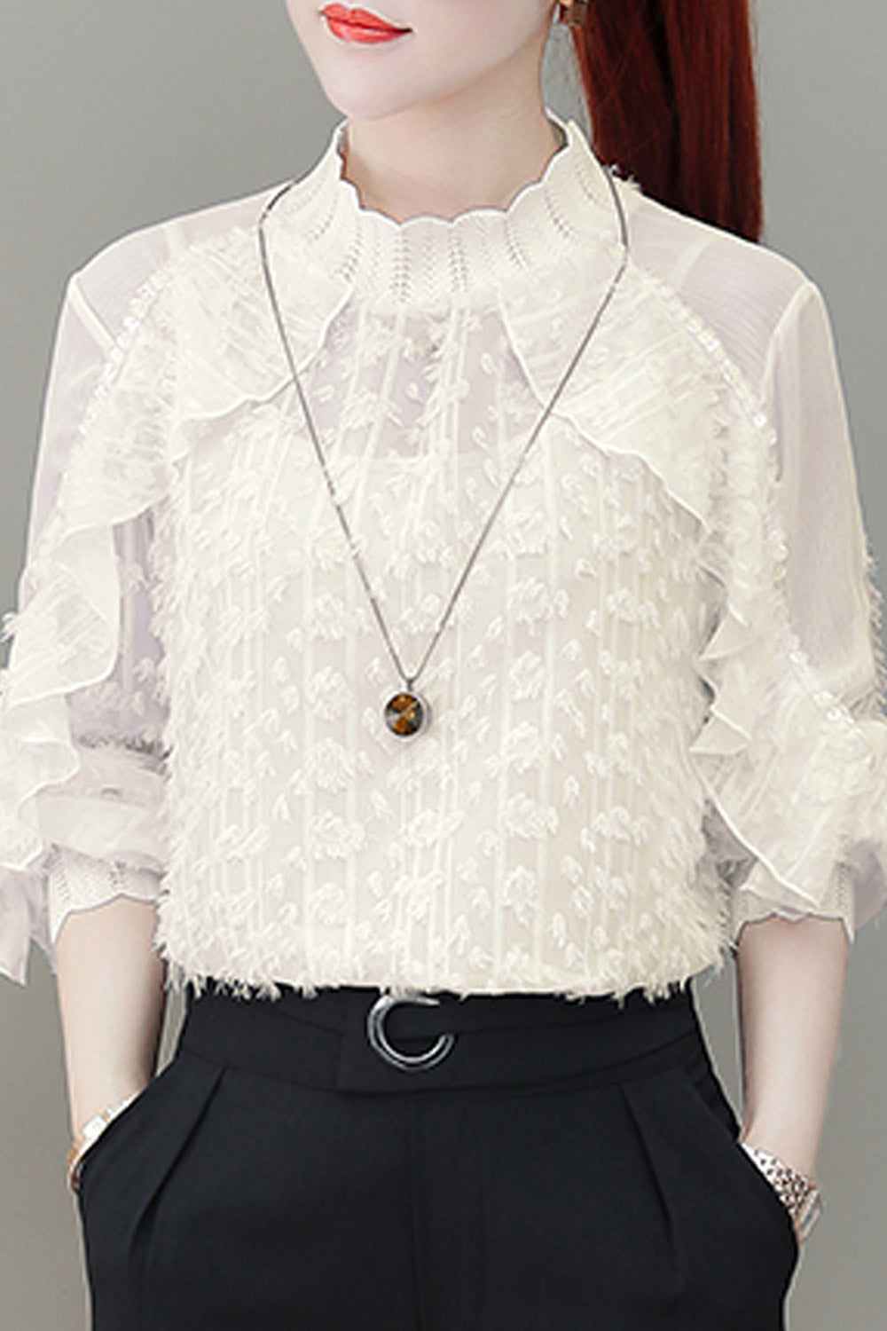 Women Lace High Neck Mesh Shirt